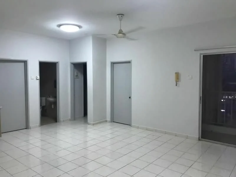 Living features: white painted walls, white ceiling, recessed ceiling light, 5-blade ceiling fan, tiled flooring, sliding glass door, floor-to-ceiling windows, neutral decor; style: modern. Room features: grey doors, door frames, access to bathroom, access to other rooms.