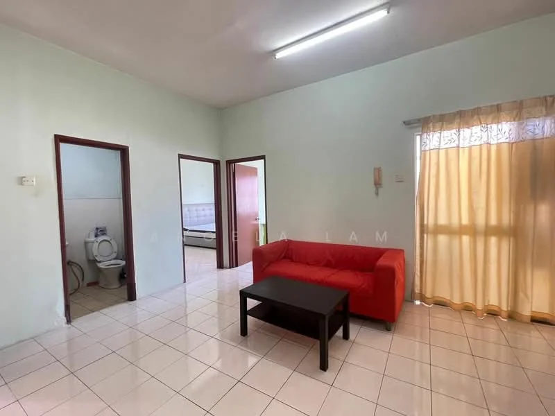 Living features: red fabric sofa, black coffee table, white tiled flooring, plain white walls, ceiling lights, curtains with sheer fabric, doorway leading to bathroom, doorway leading to bedroom. Bathroom features: toilet, plain white walls, white tiled flooring. Room features: doorway leading to another room.