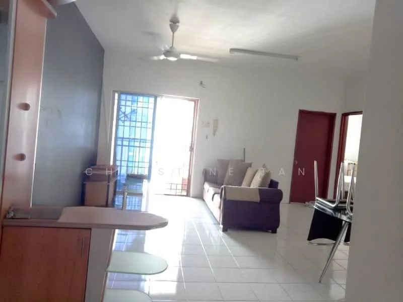 Living features: white painted walls, grey accent wall, glossy tile flooring, 3-seater fabric sofa in beige, coffee table, ceiling fan, sliding glass door, window with grid, open layout, decorative wall shelf, dining chairs, wooden side table; style: modern.