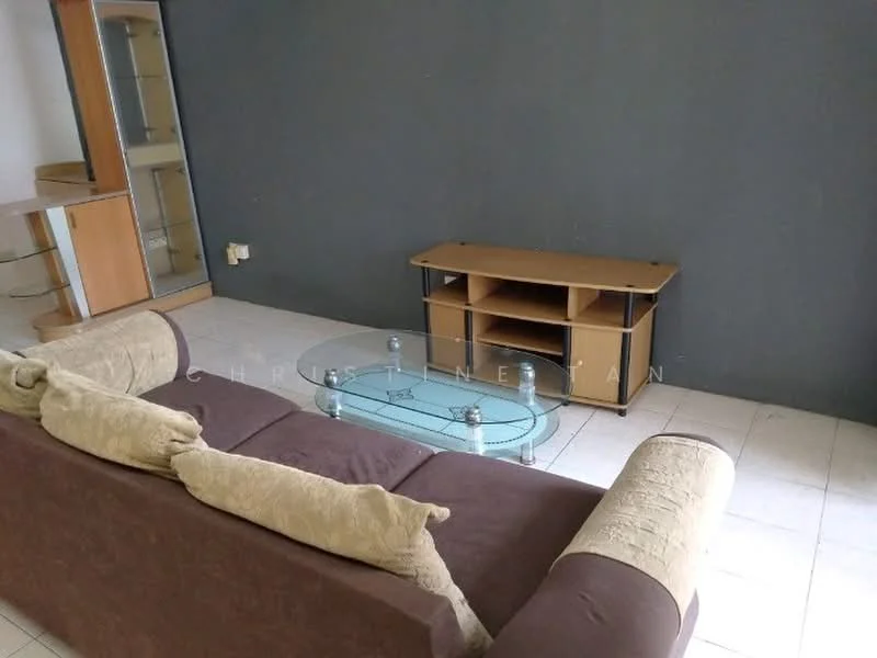 Living features: 3-seater fabric sofa in brown, decorative cushions, glass coffee table, wooden TV console, wall-mounted TV, white tiled flooring, grey painted walls, built-in shelving unit, floor lamp; style: modern.