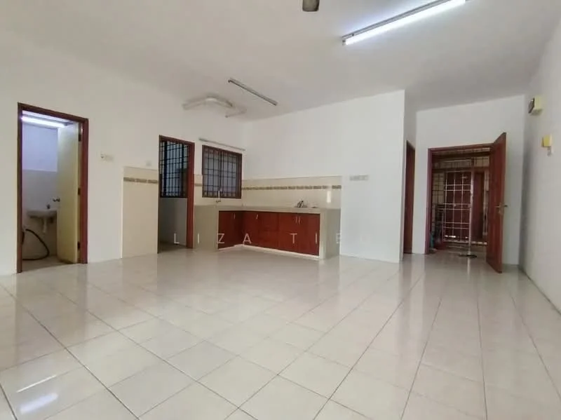 Room features: white painted walls, glossy ceramic tile flooring, kitchenette with countertop, sink, wood cabinetry, window with metal grille, doorway leading to another room, doorway leading to bathroom, fluorescent ceiling lights; style: modern.