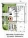 Floor plan: 3-bedroom 3-bathroom unit; features: open-plan kitchen-dining-living, master bedroom with ensuite bathroom, balcony off master, utility room, double-volume car porch, private yard, central foyer, laundry area, 2-storey layout, all bedrooms with windows, study or 4th bedroom, shared bathroom for bedrooms.