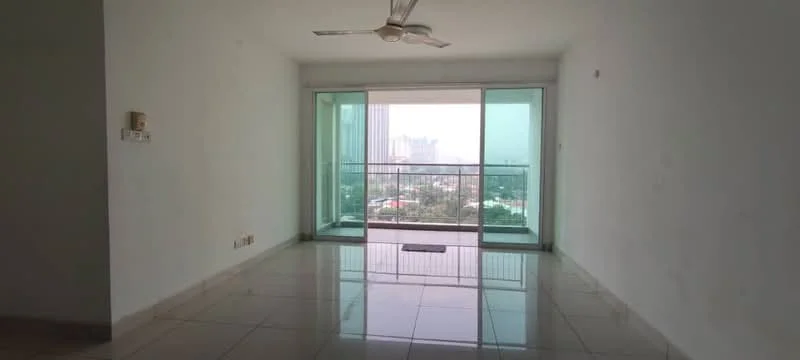 Living features: white painted walls, glossy ceramic tile flooring, 5-blade ceiling fan with light, floor-to-ceiling windows, sliding glass door, balcony access, city view, neutral decor; style: modern; view: city.
