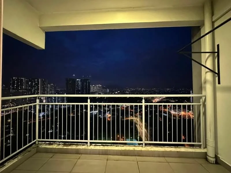 Room features: balcony, metal railing, city skyline view, paved flooring, outdoor lighting, nighttime ambiance; style: modern; view: city.