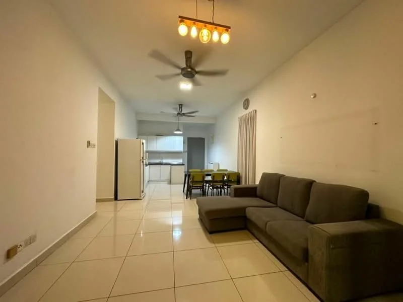 Living features: grey fabric sectional sofa, 4-seater dining table, white tiled flooring, ceiling fan with light, recessed ceiling lights, white painted walls, sliding glass door, curtains, kitchen visible in background, fridge; style: modern.