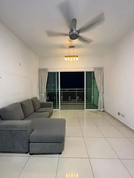 Living features: 3-seater fabric sofa in grey, ceiling fan with light, sliding glass door, floor-to-ceiling windows, white painted walls, tile flooring, curtains, light fixture with multiple bulbs; style: modern; view: city.