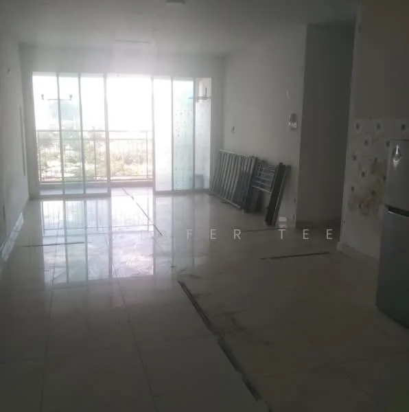 Room features: large floor-to-ceiling windows, white painted walls, glossy tile flooring, open layout, balcony access, unfurnished space, visible plumbing fixtures, partial wall tiling; style: modern; view: city.