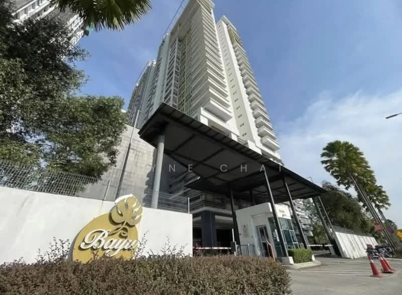Exterior type: high-rise condominium; features: white painted facade, glass curtain wall, double-volume main lobby, landscaped entrance with shrubs, palm trees, security guard house at entrance, covered walkway, parking area, feature signage, surrounded by mature greenery; style: modern.