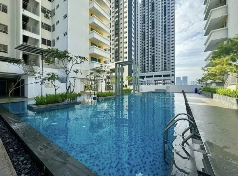 Exterior type: high-rise condominium; features: infinity pool, pool deck with loungers, landscaped garden with trees, stone-paved walkway, surrounded by high-rise buildings, water feature, manicured lawn; style: modern.
