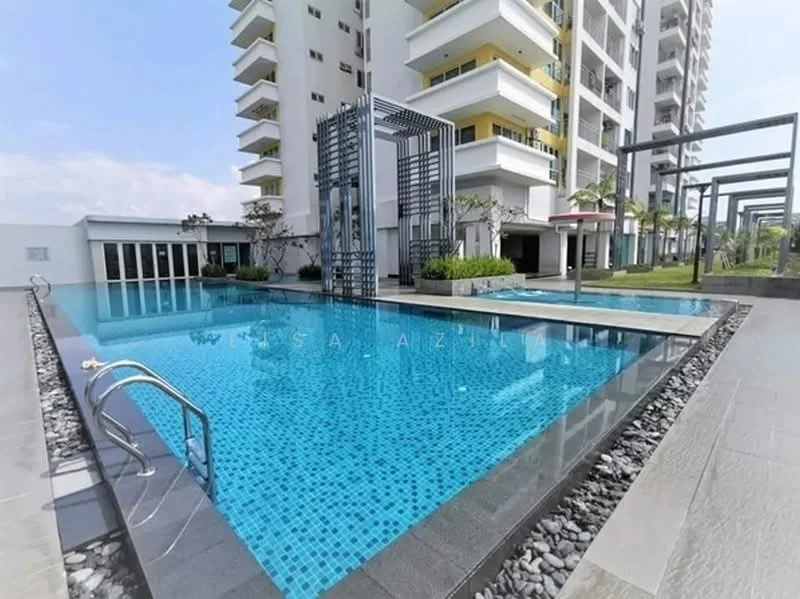 Exterior type: high-rise condominium; features: infinity pool, pool deck with loungers, landscaped garden, water feature, glass railing, tiled pool surface, surrounding greenery, modern architecture, outdoor seating area; style: modern.