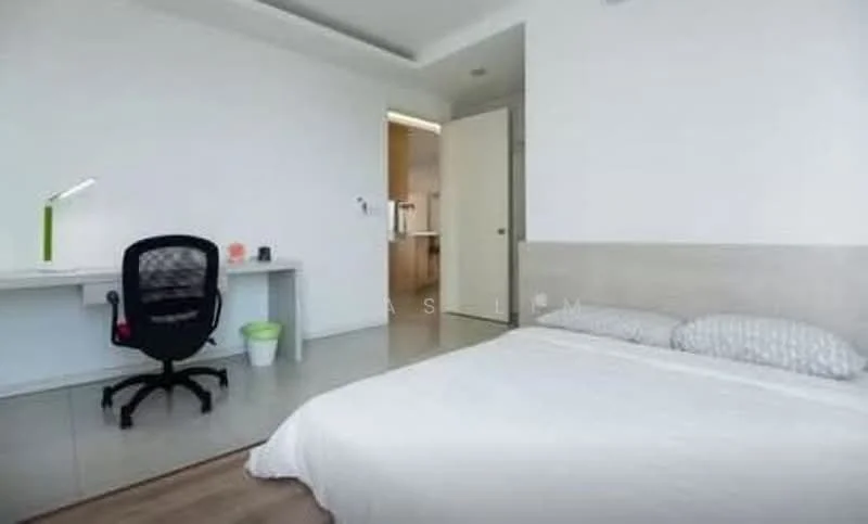 Bedroom features: queen-size bed with light grey upholstered headboard, white bedding with patterned pillows, desk with white surface, black office chair with wheels, green desk lamp, white walls, recessed ceiling lights, tile flooring, built-in wardrobe with sliding doors, window with natural light; style: modern.