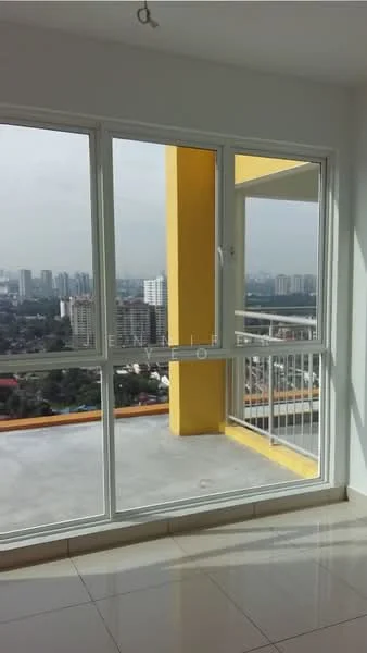 Room features: floor-to-ceiling windows, white walls, grey tiled flooring, yellow accent wall, city view, sliding glass door, balcony access; style: modern; view: city.