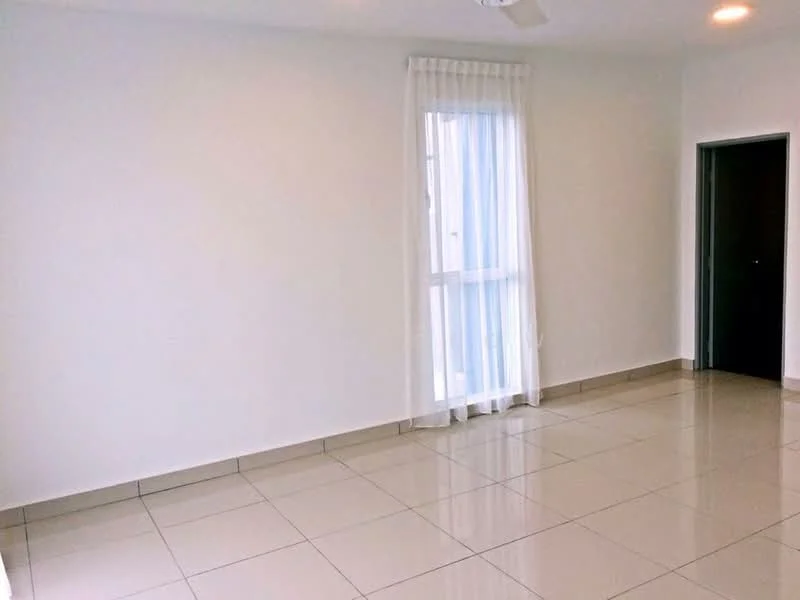 Room features: white painted walls, glossy ceramic tile flooring, floor-to-ceiling window, sheer curtains, ceiling fan, recessed downlights, doorway, neutral color scheme; style: modern.