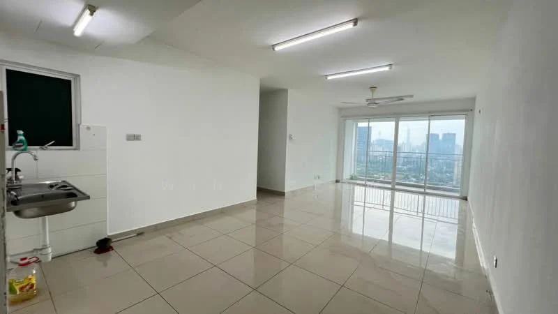 Living features: white painted walls, glossy ceramic tile flooring, 5-blade ceiling fan with light, floor-to-ceiling windows, sliding glass door, city view, recessed lighting, open layout; style: modern; view: city. Kitchen features: single-bowl stainless-steel sink, wall-mounted cabinet, white tiled backsplash, counter space, plumbing fixtures visible; style: modern.