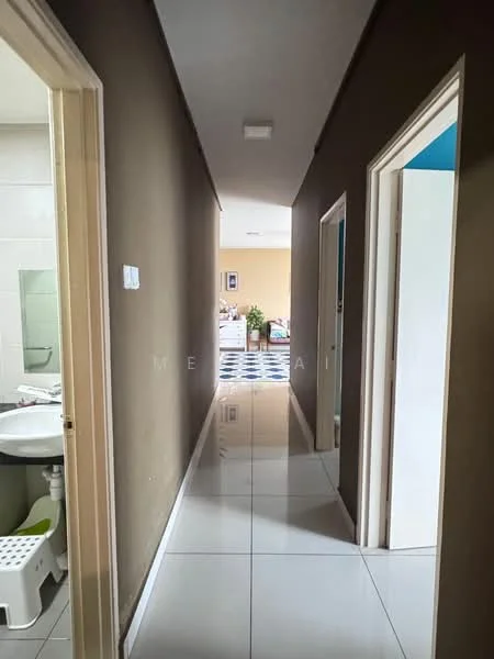 Hallway features: cream painted walls, glossy white tile flooring, recessed ceiling lights, doorway to bathroom, doorway to rooms, narrow hallway layout; style: modern.