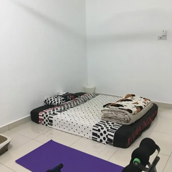 Room features: white painted walls, tile flooring, folded blankets, mattress on the floor, exercise mat, dumbbells, small waste bin, wall-mounted electrical outlet; style: minimalist.