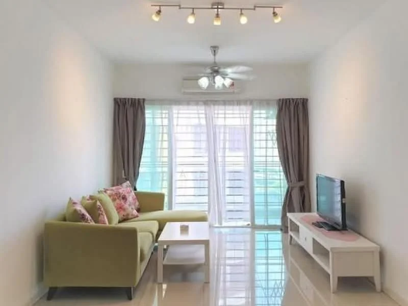 Living features: green fabric sectional sofa, decorative cushions with floral pattern, white coffee table, wall-mounted TV, white TV console, floor-to-ceiling windows, sheer curtains, dropped ceiling with track lighting, ceiling fan with light, glossy tile flooring, light grey walls; style: modern.