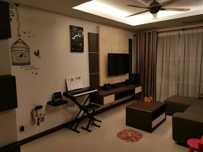 Living features: grey fabric sofa, coffee table, wall-mounted TV, entertainment unit, black and white wall art, ceiling fan, recessed lighting, curtains, decorative rug, musical keyboard on stand, built-in cabinetry, light-colored accent wall, dark wood accents; style: modern.