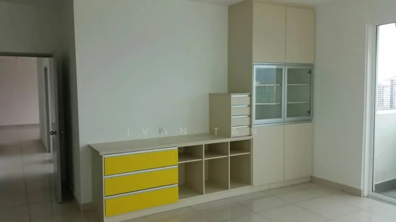 Room features: light-colored walls, cream tiled flooring, built-in cabinetry with yellow accents, glass-front upper cabinets, open shelving, multiple storage compartments, window with view, neutral color scheme; style: modern; view: city.