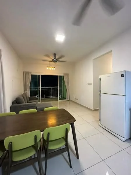 Living features: grey fabric sofa, 3-seater sofa, ceiling fan, recessed lighting, white painted walls, tile flooring, floor-to-ceiling windows, curtains, dining table with wooden surface, 4 green dining chairs, stainless-steel fridge; style: modern; view: city.