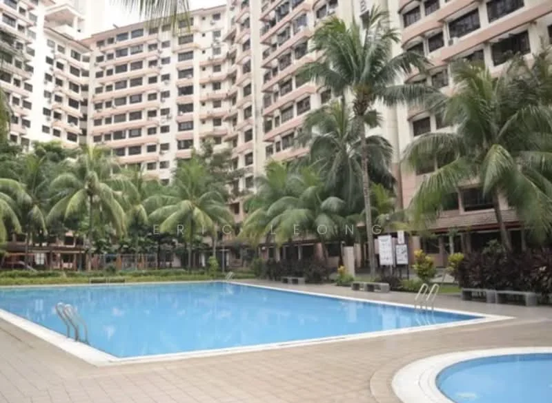 Exterior type: mid-rise condominium; features: swimming pool, pool deck with loungers, tropical landscaping, palm trees, manicured lawn, multiple residential blocks, balconies on residential units; style: modern.