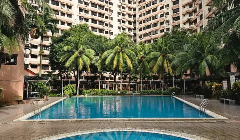 Exterior type: mid-rise condominium; features: swimming pool, infinity edge pool, palm trees, manicured landscaping, pool deck with loungers, surrounding greenery, multiple storeys, covered seating area; style: modern.