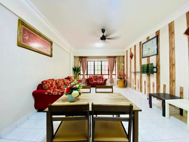 Living features: red floral-patterned sofa, 2-seater red sofa, wooden coffee table, white tiled flooring, ceiling fan with light, wall-mounted TV, decorative wall art, large window with curtains, wood panel accent wall, potted plants, decorative vase with flowers; style: contemporary.