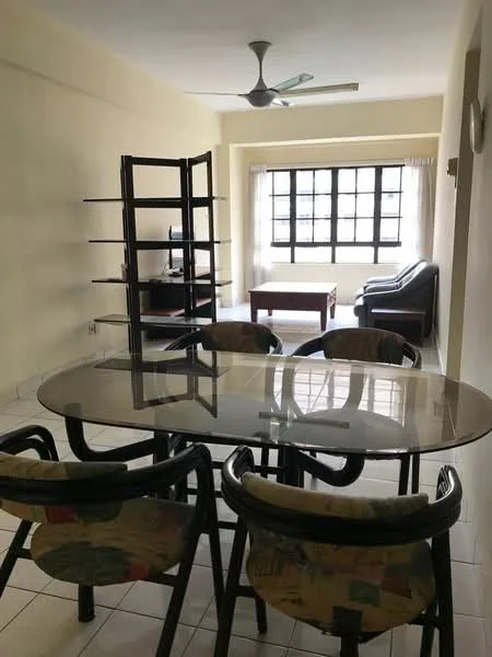 Living features: glass dining table, 4 dining chairs, ceiling fan, large window with grid pattern, wooden coffee table, black leather sofa, open shelving unit, tiled flooring, light yellow painted walls; style: modern.