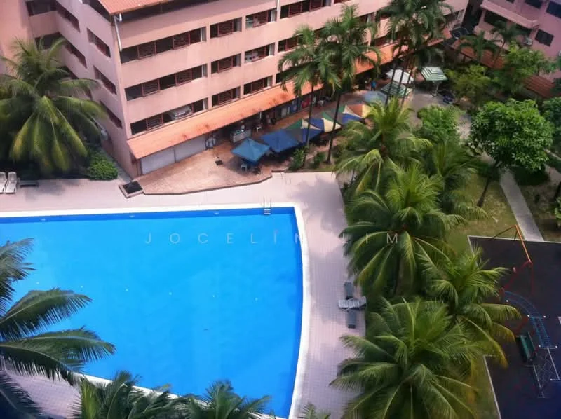 Exterior type: low-rise apartment block; features: swimming pool, pool deck with loungers, tropical landscaping, palm trees, outdoor dining area with umbrellas, children's playground, manicured lawn; style: modern.