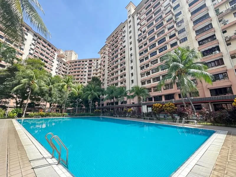 Exterior type: mid-rise condominium; features: swimming pool, pool deck with loungers, landscaped garden with tropical plants, palm trees, manicured lawn, multiple balconies on building facade, exposed concrete facade, approximately 6-storey high-rise; style: modern.