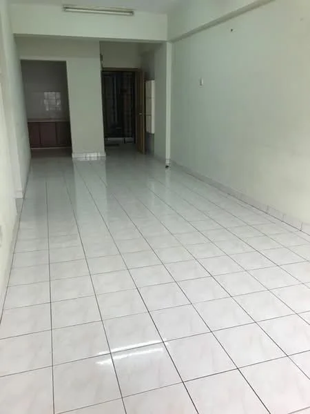 Room features: white painted walls, glossy white tile flooring, no visible furniture, open layout, natural light from windows, neutral color scheme, ceiling lights, doorway leading to another room; style: minimalist.