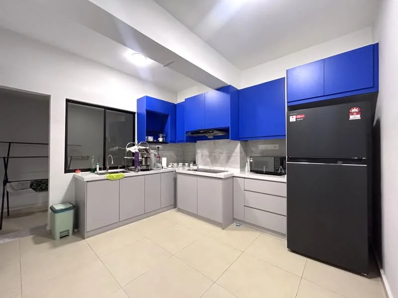 Kitchen features: blue upper cabinets, grey lower cabinets, white countertop, stainless-steel sink, chrome pull-down faucet, built-in stove, black refrigerator, grey tile backsplash, recessed downlights, tile flooring, window with black frame, kitchen island, microwave, coffee machine; style: modern.
