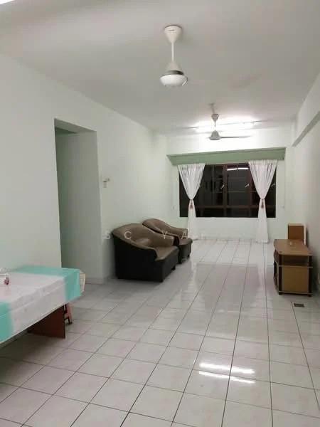 Living features: light green painted walls, white tiled flooring, 3-blade ceiling fan, large window with sheer curtains, 2-seater fabric sofa in brown, wooden dining table, wooden side table, natural light from window; style: minimalist.