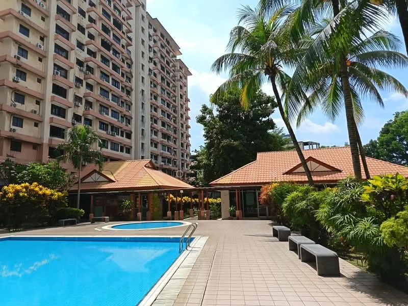 Exterior type: mid-rise condominium; features: swimming pool, pool deck with loungers, landscaped garden with tropical plants, palm trees, covered pavilion with tiled roof, benches around the pool area, manicured lawn, surrounding residential buildings; style: tropical-modern.