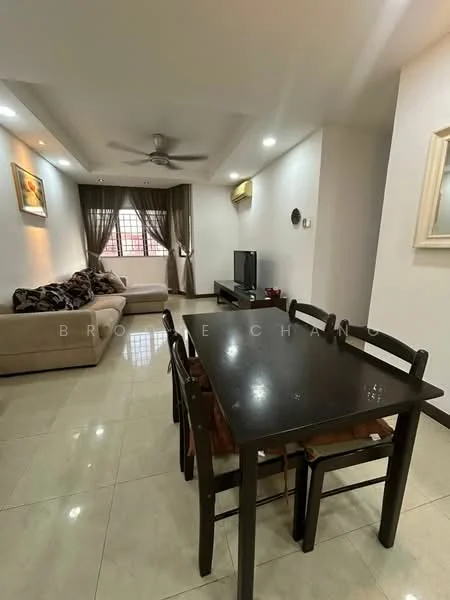Living features: 3-seater fabric sofa in beige, coffee table, wall-mounted TV, TV console, area rug, 5-blade ceiling fan, recessed downlights, cream painted walls, tile flooring, curtains, decorative artwork; style: modern. Dining features: 6-seater dining table in dark wood, wooden dining chairs, tile flooring; style: modern.