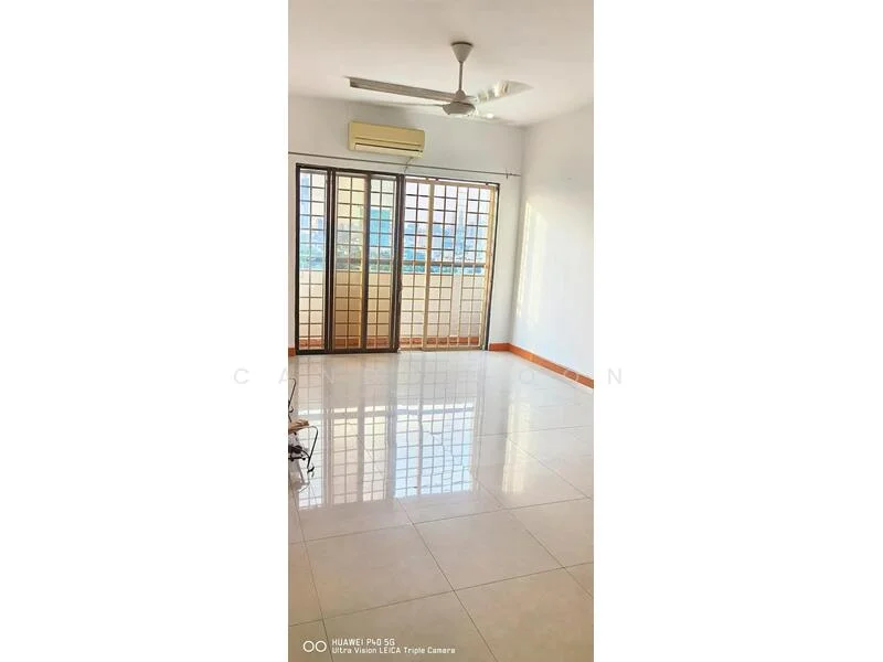Living features: white painted walls, glossy ceramic tile flooring, 5-blade ceiling fan, wall-mounted split AC, floor-to-ceiling sliding glass doors, city view through glass doors, natural light from windows, neutral color scheme; style: modern; view: city.