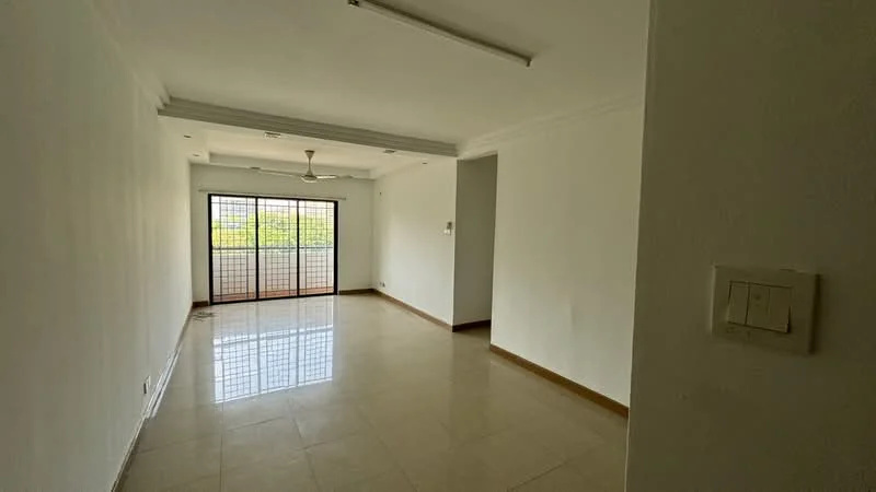 Living features: white painted walls, cream tiled flooring, tray ceiling, ceiling fan, floor-to-ceiling windows, sliding glass door, window treatments not visible, light switch, natural light from window; view: garden.