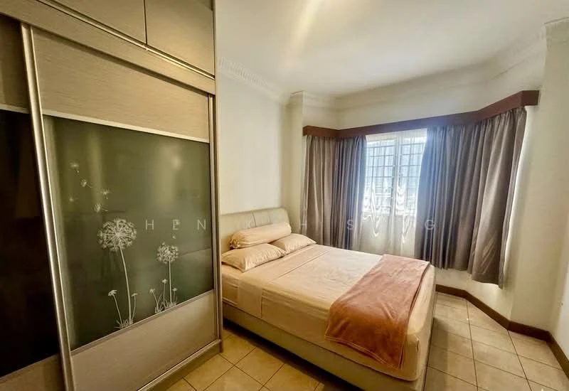 Bedroom features: queen-size bed, upholstered headboard, built-in wardrobe with sliding doors, cream painted walls, tile flooring, floor-to-ceiling window, sheer curtains, decorative throw blanket; style: modern.