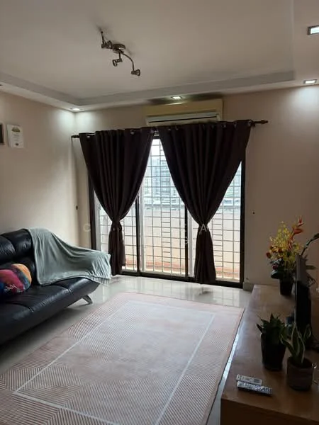 Living features: black leather sofa, decorative throw pillows, light-colored area rug, wooden coffee table, potted plants, floor-to-ceiling windows, dark brown curtains, recessed ceiling lights, wall-mounted air conditioning unit, light-colored walls, glossy tiled flooring; style: modern; view: city.