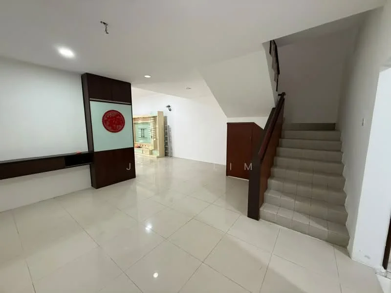Room features: white painted walls, glossy ceramic tile flooring, staircase with wooden handrail, recessed downlights, built-in wall shelf, open space layout, neutral color scheme, large window for natural light; style: modern.