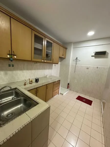 Kitchen features: single-bowl stainless-steel sink, chrome faucet, laminate countertop, wood cabinetry with glass-front upper cabinets, tile backsplash, built-in wall-mounted air conditioning unit, ceramic tile flooring, recessed downlights, shower area with glass partition, white tiled walls, red bath mat.