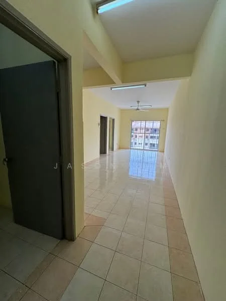 Room features: cream painted walls, glossy tile flooring, ceiling lights, sliding glass door, large window, door frames, open layout, neutral color scheme; style: modern.