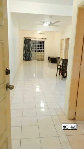 Room features: white painted walls, glossy tile flooring, ceiling fan, sliding glass door, floor-to-ceiling windows, curtains, dining table with chairs, sofa, light fixtures; style: modern.
