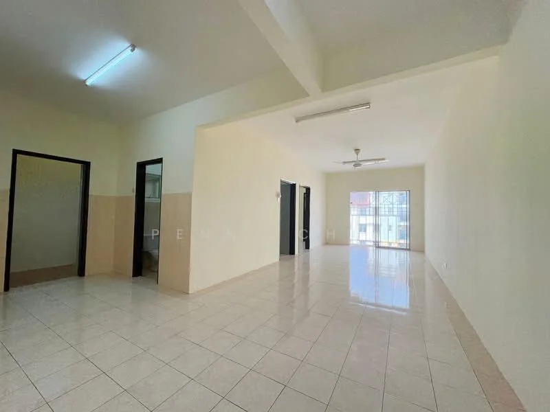 Room features: white painted walls, cream tiled flooring, ceiling fan, large windows, natural light, high ceiling, doorways leading to other rooms, light fixture; style: modern.
