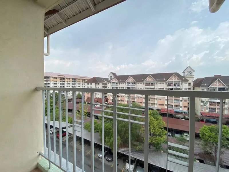 Room features: balcony railing, concrete flooring, view of surrounding buildings, view of parking area, overcast sky, trees in view; view: city.