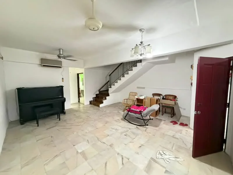 Living features: marble flooring, white painted walls, ceiling fan, 5-blade ceiling fan, staircase leading to upper level, large windows, doorway leading to another room, rocking chair, wooden chairs, piano, dining table, decorative light fixture; style: minimalist.