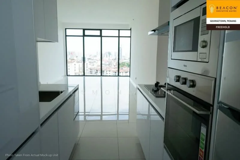 Kitchen features: white cabinetry, stainless-steel built-in oven, stainless-steel microwave, stainless-steel range hood, 4-burner gas hob, single-bowl stainless-steel sink, chrome pull-down faucet, white quartz countertop, floor-to-ceiling windows, city view, polished tile flooring, recessed downlights; style: modern; view: city.