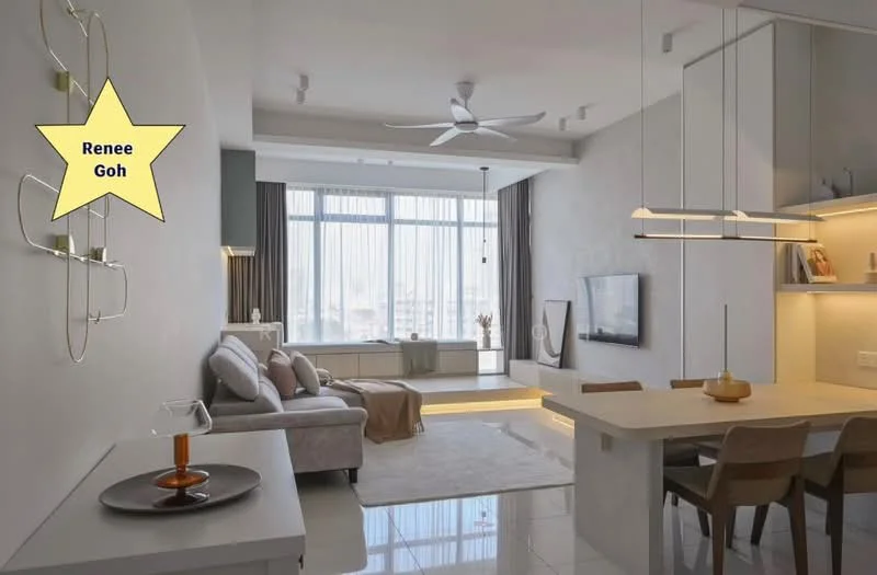 Living features: light grey fabric sofa, coffee table with glass top, wall-mounted TV, recessed downlights, 5-blade ceiling fan with light, floor-to-ceiling windows, sheer curtains, decorative wall art, marble tile flooring, built-in shelving with lighting, neutral painted walls, dining table with four chairs, pendant lighting above dining table; style: modern; view: city.