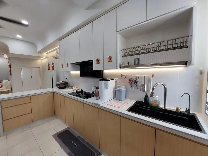 Kitchen features: white cabinetry with flat-panel doors, black countertop, single-bowl stainless-steel sink, chrome pull-down faucet, built-in oven, 4-burner gas hob, microwave, dishwasher, open shelving, wall-mounted rack for utensils, LED strip lighting under cabinets, tile backsplash, cream tiled flooring; style: modern.