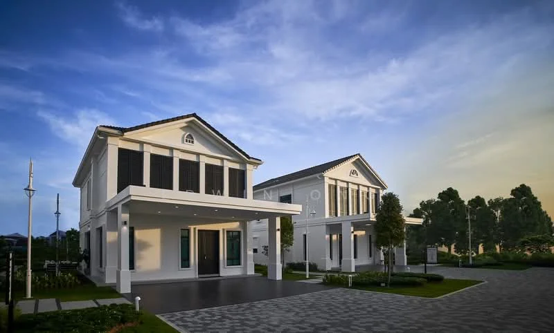Exterior type: detached bungalow; features: white painted facade, flat roof, two-storey structure, large windows, covered porch, manicured lawn, paved driveway, surrounded by greenery, modern architectural design; style: modern.